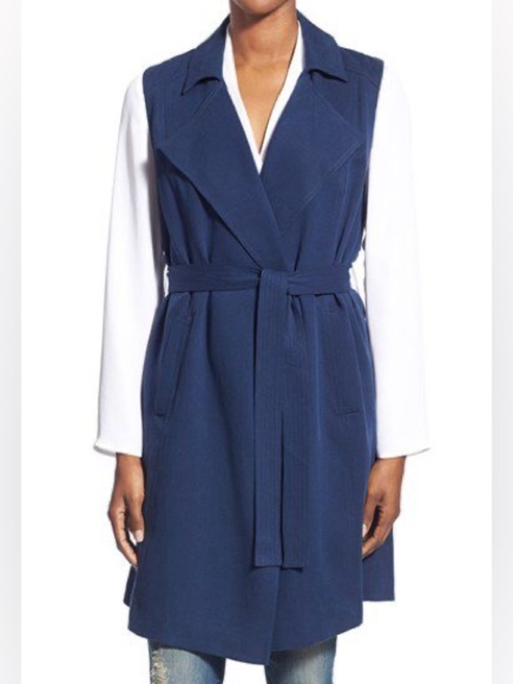 Halogen Navy Sleeveless Belted Trench Coat Pockets L Travel Career Tailored